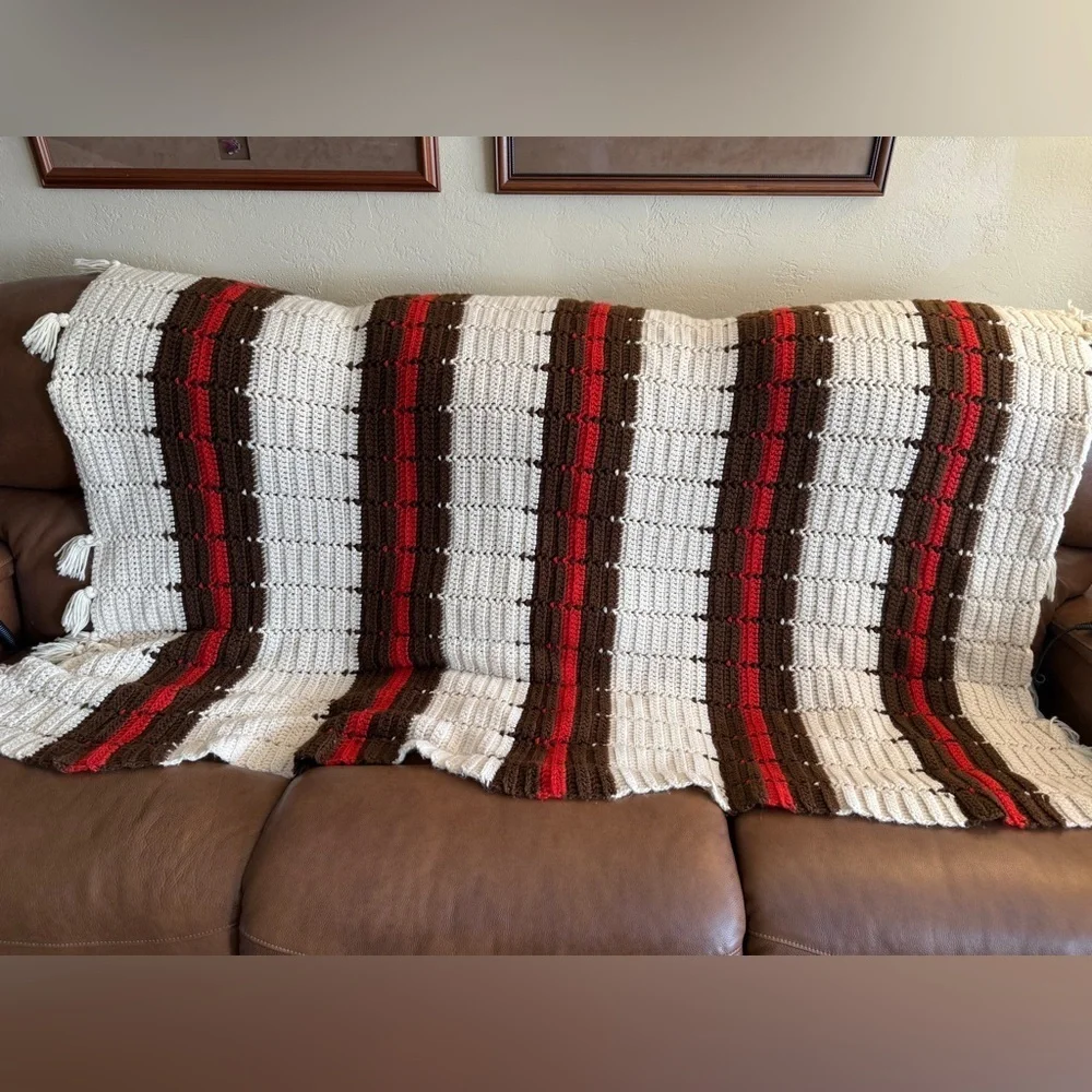 Vintage Hand Made Crocheted Afghan Red and Brown Striped Retro Throw Blanket